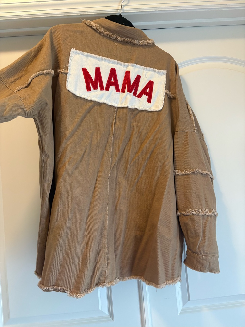 Fantastic Fawn Tan Frayed Jacket with Red "MAMA" Patch